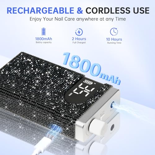 Rechargeable 35000RPM Nail Drill Sparkling Portable Professional Electric Nail File for Acrylic/Gel Nails Professional Nail Tools for Manicure Pedicure, Black