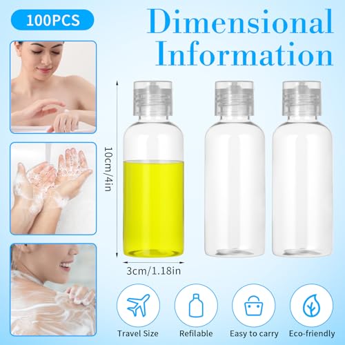 100 Pack 2 Oz Empty Travel Size Bottles Clear Plastic Travel Bottles with Flip Cap, Refillable Leak-Proof Liquid Containers for Toiletries, Lotions, Shampoo, Creams, Includes 5 Funnels