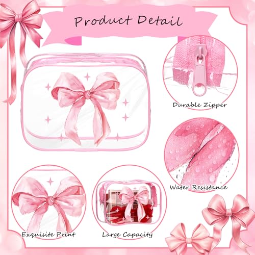 Kacctyen 10 Pcs Pink Bow Clear Makeup Bags Coquette Cosmetic Bag Women Girl for Preppy Bow Gift Accessories PVC Waterproof Travel Toiletry Pouch for Friend Gift