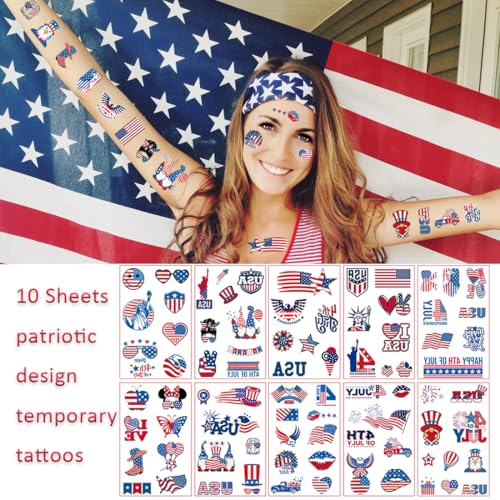 82 Pcs 4th of July Tattoos - Red, White, and Blue Fourth of July Temporary Tattoo Stickers for USA Party Favors, Independence Day, Memorial Day, Labor Day Decorations, and Patriotic Party Supplies