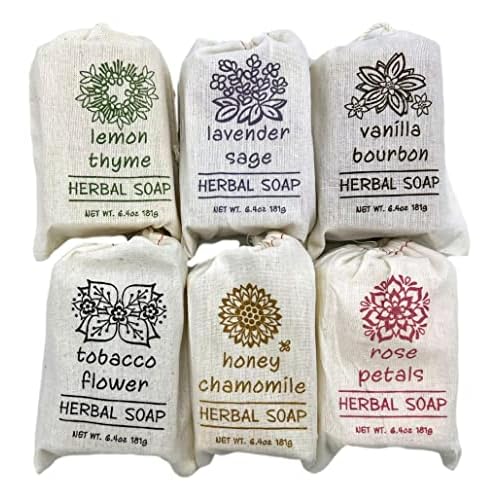 Greenwich Bay Trading Co. Herbal Bar Soap Set, 6 Scents, 6.4 Oz Each - Lemon Thyme, Lavender Sage, Vanilla Bourbon, Tobacco Flower, Honey Chamomile, Rose Petals