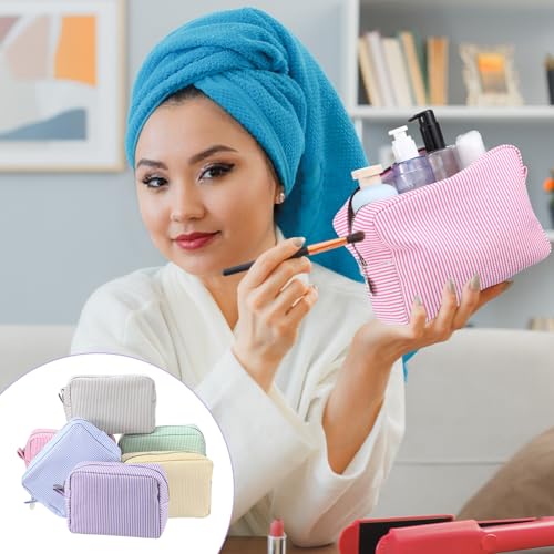 6 Pcs Seersucker Cosmetic Bag Seersucker Makeup Bags Women Stripe Large Travel Toiletry Organizer Preppy Storage Pouch Seersuck Travel Toiletry Bag for Embroidery Wedding Bridesmaid Bride Mom Gift