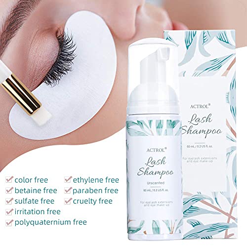 Eyelash Extension Cleanser 60ML Natural Lash Extension Shampoo Unscented Professional Eyelid Foaming Cleanser Paraben & Sulfate Free Non-lrritating with Salon and Home Care
