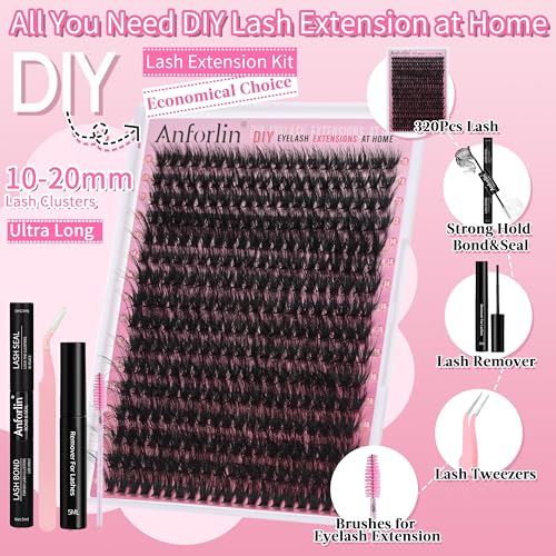 Lash Extension Kit 320pcs Volume Lash Clusters 10-20mm Eyelash Extension Kit 50D DIY Lash Extension Kit Individual Lashes with Lash Bond and Seal, Remover, Lash Tweezers and Lash Brushes