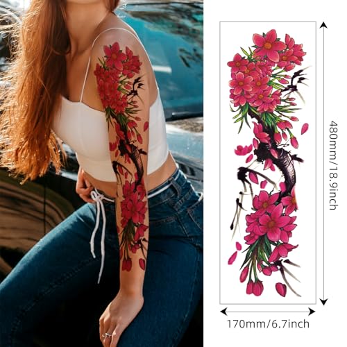 Christmas 8 Sheets Full Arm Temporary Tattoos for Adults, Waterproof Realistic Flower Bird Feather Fake Sleeve Tattoos For Women Men, Tiger Fish Tattoo Set Hand Body Art for Party Celebration Cosplay