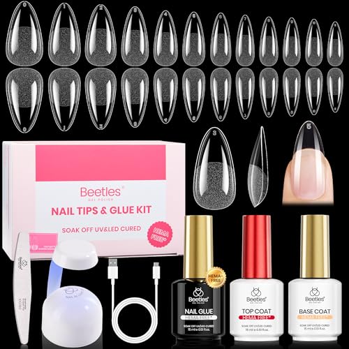 Beetles Gel Nail Kit Etch-X, Almond Medium, 288pcs 12 Sizes Nail Tips, 3Pcs 15ml HEMA-Free Nail Glue Top Coat & Base Gel Set, with Mini Lamp, Press On Nail, Long Lasting Extension DIY Set at Home