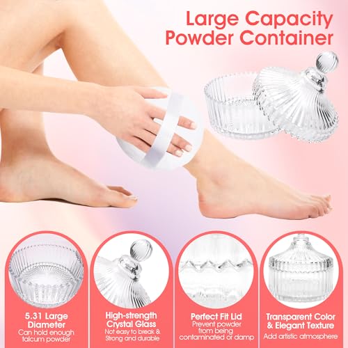 4Pcs Body Powder Puff and Container, 5.31" Crystal Powder Container with 3 Soft Large Powder Puffs, Dusting Powder Container with Puff for Face and Body, Washable Reusable Makeup Puff