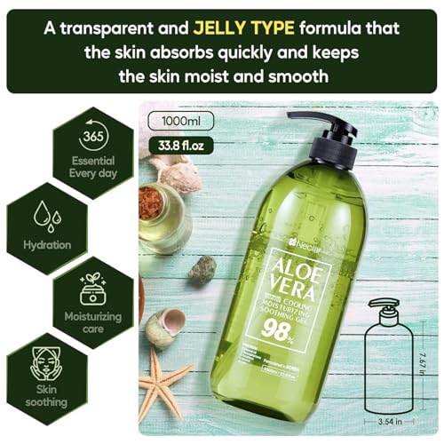 98% Pure Aloe Vera Gel for Sunburn Relief - Big 33.8oz / 1000ml - Aloe Vera - For Face, Skin and Hair - After Sun Care lotion - Sun Burn Moisturizer Cream (33.8 Fl oz)