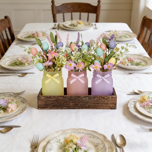3 Pack Easter Mason Jar Floral Table Centerpiece Tiered Tray Decor with Wood Tray Artificial Easter Egg and Spring Daisy Flowers Plants for Farmhouse Home Kitchen Bathroom Decor