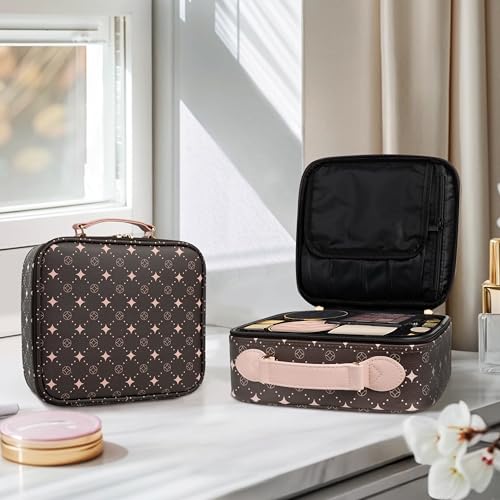 Travel Makeup Bag,Waterproof Cosmetic Organizer, Adjustable Dividers,Portability Cosmetic Train Case,Makeup organizer,Gift for Women,Girls Gift (Coffee+Pink)
