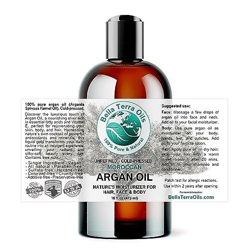 Bella Terra Oils - Argan Oil 16 oz - Cold-Pressed & Authentic, Hailing from Morocco's Argan Forests, Ideal Body & Face Oil, Keeps Frizz at Bay