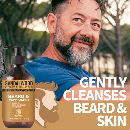 AM Beard & Face Wash - Sandalwood Scented - Gently Cleanses, Stops Itching & Flaking, Hydrates Dry Flaky Skin Under Beard - Naturally Derived Aloe Vera, Galangal, & Orange Peel - 6.76 fl oz