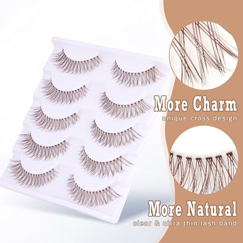 Brown Lashes Natural Look Cat Eye Lashes Brown Eyelashes Faux Mink False Lashes Wispy Volume C-curly Short False Eyelashes with Clear Band by Newcally