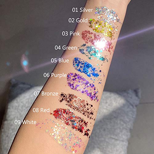 GL-Turelifes Mermaid Sequins Chunky Glitter Liquid Eyeshadow Glitter Body Gel Festival Glitter Cosmetic Face Hair Nails Makeup Long Lasting Sparkling 30g (#09 White)