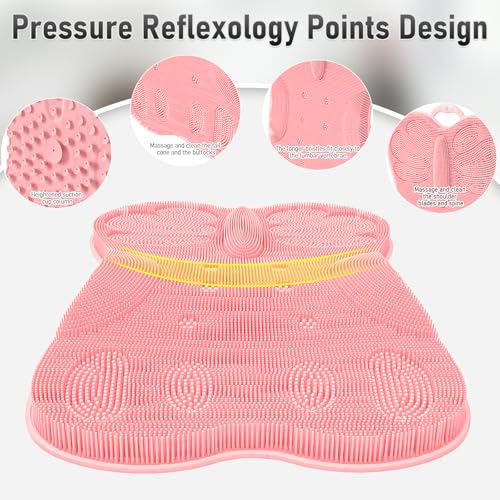 Back Scrubber Body Bath Cushion for Tub Bathtub Back Lumbar Ergonomic Support, Silicone XL Large Thick Soft Seat Pad Non-Slip Suction Cups, Relaxing Spa Exfloating Scrubber Mat 28x19 Pink