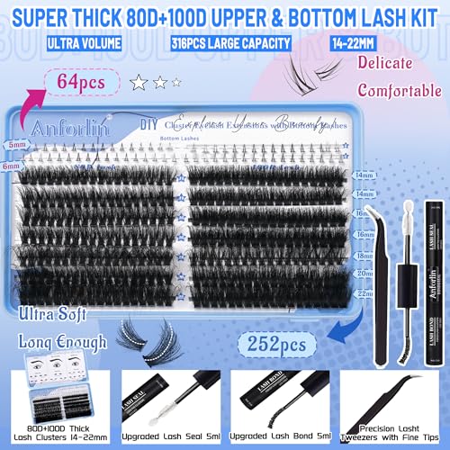 Lash Clusters Kit 316pcs Lash Extension Kit 80D+100D Lash Clusters with Bottom Lashes 14-22mm Thick Volume Individual Lashes DIY Lash Extension Kit by Anforlin