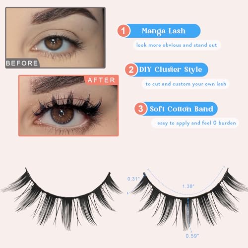 Manga Lashes Anime False Eyelashes Cat Eye Lash Strips Manhua Eye Lashes Natural Look Doll Spike Wispy Fake Mink Lashes Fluffy Eyelash Pack 8 Pairs 8-15mm Short Manhwa Pesta?as for Women