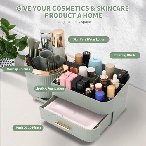 Beborxue 360¡Æ Rotating Makeup Organizer for Vanity with Drawers, Large Capacity Cosmetic Display Case, skincare organizer, Cosmetic Organizer for Lipstick, Skincare, Brushes, Eyeshadow, (Green)