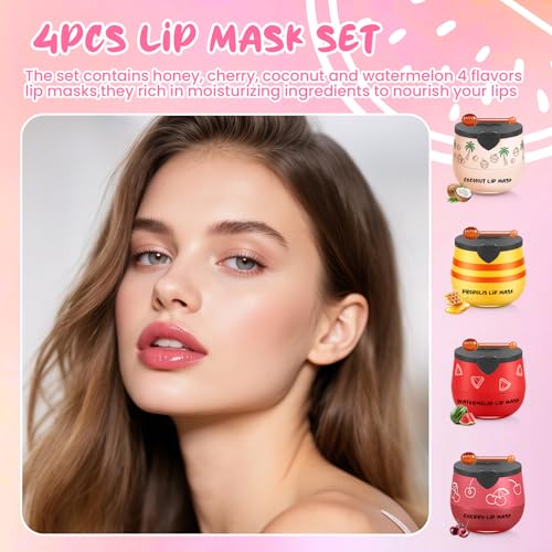 4PCS Bee Lip Balm Honey Pot Cherry Watermelon Coconut Honey Lip Balm, Moisturizing Sleeping Lip Mask Overnight, Prevention Dry and Cracked Lips