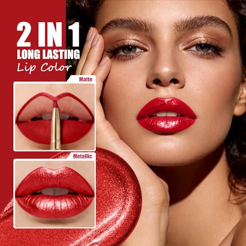 Red Metallic Lipstick and Lip Liner Combo Makeup 2-in-1 Shimmer Glitter Lipsticks for Women Metallic Lip Gloss Stain Waterproof Smudgeproof Long Lasting Lipsticks (GB26 One Kiss) | long lasting, metallic, waterproof, smugeproof, shimmer