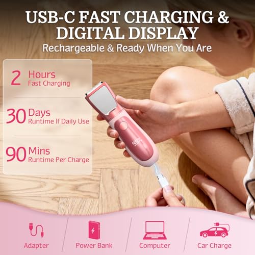 Bikini Trimmer for Women Men, 2 in 1 Electric Razors Shaver, IPX7 Waterproof Body Hair Trimmer with Mirror, LED Light & Display, Painless Pubic Hair Removal, Pink