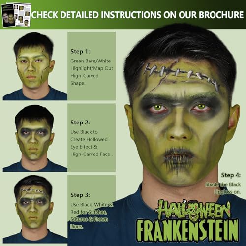 Halloween Beetle-juice Makeup & Frankenstein Makeup Kit, Face Paint SFX Character Set with Black Lipstick & Applicators for Ghost, Zombie, Grinch Special Effects Make Up, Costume Cosplay Party & Stage