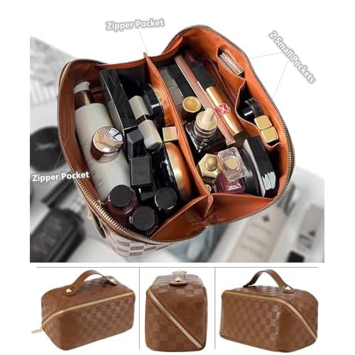Checkered Travel Makeup Bags Cosmetic Organizer Bag: 2-Set Large Capacity Waterproof Makeup Bag - PU Leather Toiletry Bag for Women - Wide Open Portable Pouch with Handle and Divider (BROWN)