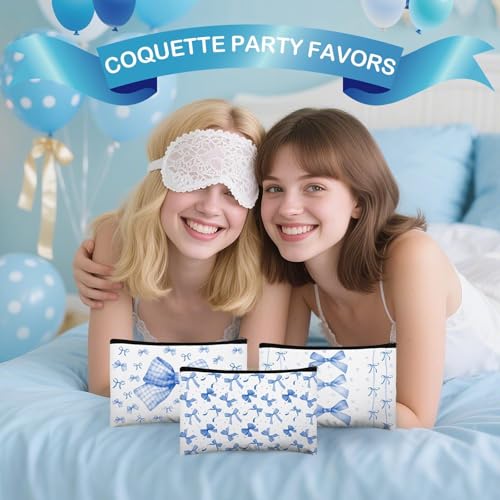 16 Pcs Bow Makeup Bags Bulk for Women Blue Coquette Aesthetic Preppy Cosmetic Bags Bow Floral Canvas Toiletry Bags Aesthetic Travel Zipper Pouches for Bridesmaids Wedding Party Favors Supplies