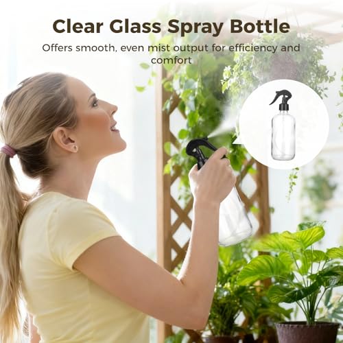 OMISTAR 4PCS 16 OZ Clear Glass Spray Bottles for Cleaning - Refillable Spray Containers with Trigger Spray Caps, Screw Caps, Label Stickers, and Pen, Ideal for Cleaning, Essential Oils, Hair Care