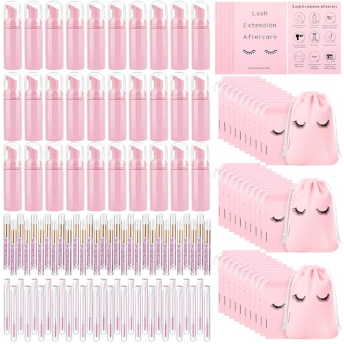 Zhehao 150 Pcs Lash Shampoo Kit Bottle Brushes Bulk 30 Eyelash Dispensers 30 Lash Shampoo Brushes 30 Reusable Aftercare Bag 30 Eyelash Pipes 30 Extension Aftercare Cards(Pink)