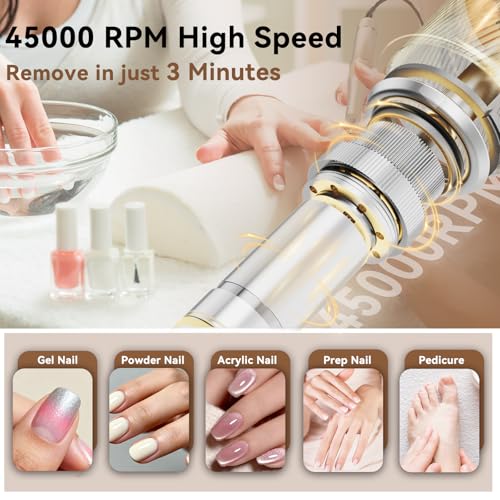 Electric Nail Drill 45000RPM, 2025 Pro High Tech Fast Remove Cordless Nails Drill with Rechargeable Stand for Acrylic Nails, 12Pcs Drill Bits and Holder, LCD Professional Nail Machine for Salon Home