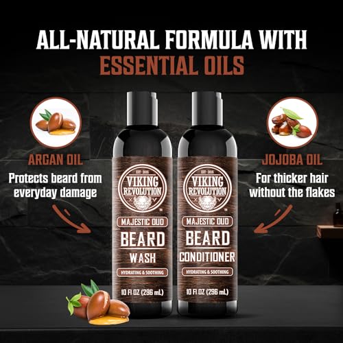 Viking Revolution Beard Wash and Beard Conditioner for Men with Argan Oil and Jojoba Oil - Beard Softener and Strengthener Beard Care Beard Shampoo and Conditioner with Beard Oil (10oz, Majestic Oud)