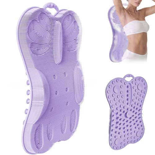 Shower Back Scrubber Wall Mounted for Women XXL | Silicone Bath Body Brush Massage Scratcher Mat with Back Support Anti-slip Suction Cups | Exfoliating Skin Care Luxury Bathtub Cushion Pad Purple