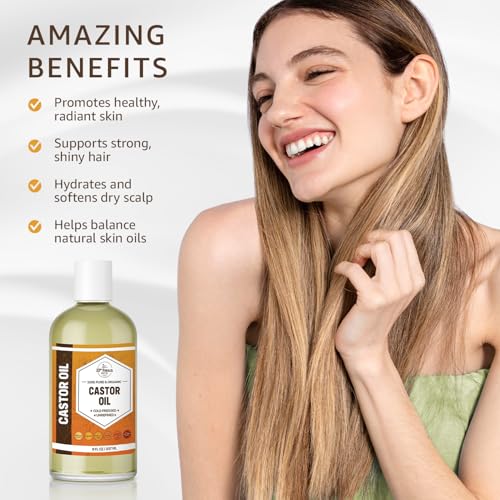 ORGANIC CASTOR OIL ( 8 oz ) Premium Cold Pressed Unrefined | 100% Natural Promotes Healthy Skin & Hair | Thickens Eyebrows Lengthens Eyelashes | Strengthens Nails Cuticles | Massage Oil | 8 FL OZ
