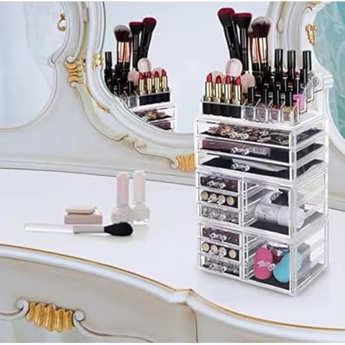 Acrylic 4 Pack Makeup Organizer with 11 Drawers, Clear, Stackable Cosmetic Organizer For Lipstick, Jewelry and Makeup Brushes, Beauty Storage With Drawers For Dresser And Bathroom.