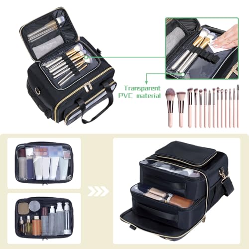 Large Makeup Bag for Women, Travel Toiletry Bag with 2 Removable Pouches, Wide-Open Design for Toiletries, Cosmetics, Brushes & Beauty Tools (Black)