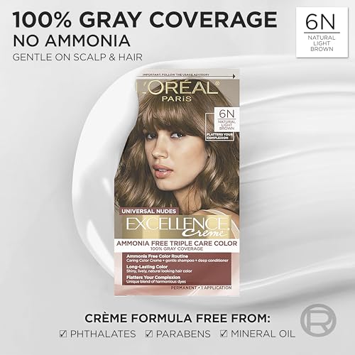 L¡¯Oreal Paris Excellence Universal Nudes Permanent Hair Color, Ammonia Free Hair Dye for Gray Hair Coverage, 6N Natural Light Brown, 1 Kit (Pack of 2)