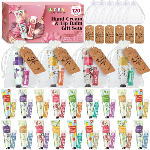 AZEN 120 Sets Bulk Gifts, Hand Cream and Lip Balm Bulk Set with Organza Bag Thank You Card, Baby Shower Wedding Gifts for Guests, Bridal Wedding Favors, Valentines Gifts for Women