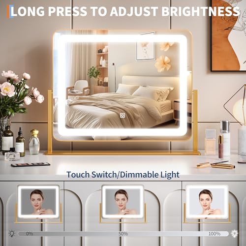 GAOMON Vanity Mirror with Lights, 19.7"x17.5" Touch Screen LED Mirror, 3 Lighting Modes for Makeup/Skincare, Adjustable Tabletop Mirror for Bedroom/Bathroom Decor, Gold