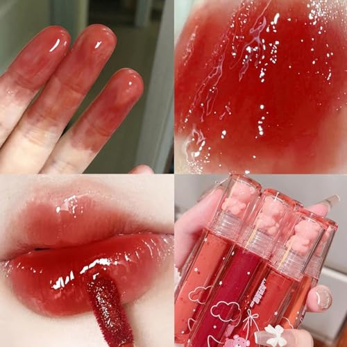 Yasovigi 6pcs Jelly Lip Gloss Bear Lip Stain Moisturizing Watery Lipstick Waterproof Long Lasting Cheek Cosmetics Beauty Lip Tint Makeup