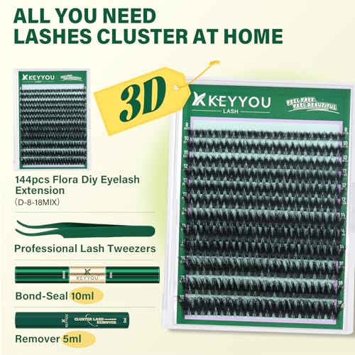 KEYYOU LASH Flora Lash Clusters Kit 3D DIY Lashes Extension Kit Eyelash Clusters 144pcs Thick Individual Lashes Fluffy and Soft Wispy Volume Lashes with Waterproof Lash Bond and Seal & Remover (F01)