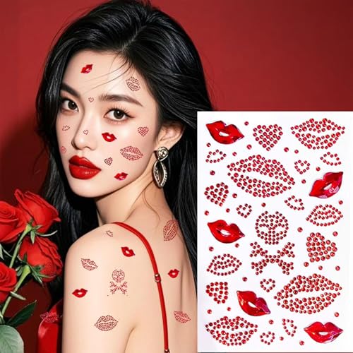 NOOEPC Red Face Gems Self-Adhesive Face Jewels, Red Face Glitter Lip Hair Gems, Festival Kiss Stickers, Face Rhinestone Stickers for Makeup, Eye, Hair, Body, Rave Accessories