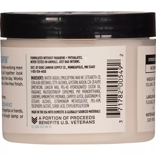 Duke Cannon Supply Co. Flexible Fiber Pomade ? 4.6 oz ? Strong Hold, No Shine, Water-Based for Easy Washout, Adds Texture & Volume for Shorter Hairstyles