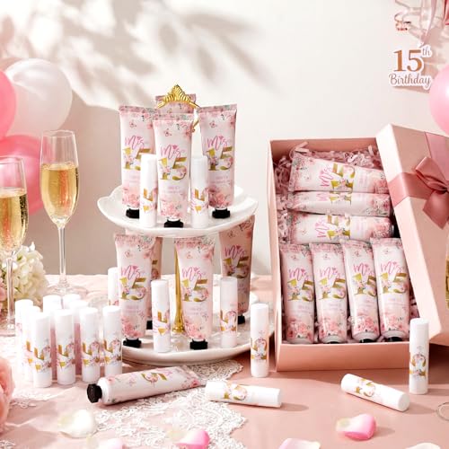 Leelosp 100 Pcs/50 Sets Quinceanera Party Favor Gifts for Guests 15th Thank You Gifts Girl Pink Hand Cream and Lip Balm Sweet 15th Birthday Party Favors for Guests