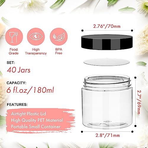 Empty 6 oz Small Containers with Lids & Labels - Refillable Plastic Jars with Lids - Sugars Scrub Jars/Slime Containers (6 fl.oz, 40Pack)