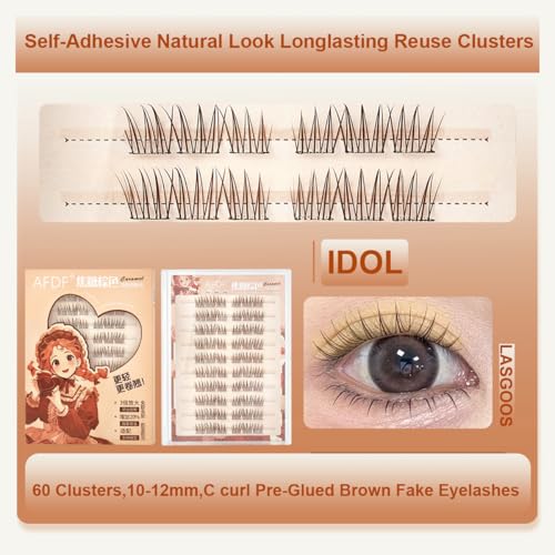 Brown Self Adhesive False Eyelashes 60 Clusters Press On Eyelash LASGOOS Natural Curl 3D Lash Individual 10-12mm Pre-Glued DIY Eyelash Extensions COSPLAY MANGA No Glue/Remover Needed Fake Lashes Idol