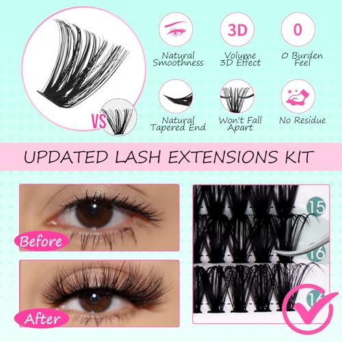 Wispy Lash Extension Kit 238Pcs Lash Clusters Kit Eyelash Extensions 9-16MM Individual Lashes Extensions with Bond and Seal Remover Tweezers DIY at Home by FADVAN (80D, 0.07D, 9-16mm)