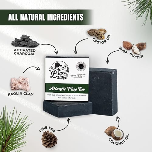 The Black Stuff All Natural Bar Soap for Men Handmade Cold Process Soaps with Organic Ingredients and Essential Oils - Mens Soap for Daily Use, Atlantic Pine Tar (5 Packs)