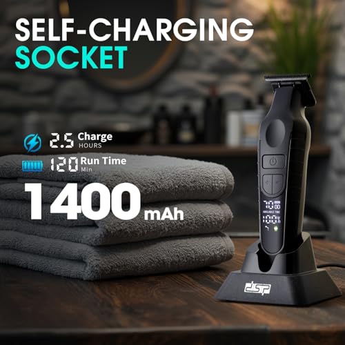 DSP Hair Trimmer for Men, Beard Trimmer, Cordless USB Rechargeable Barber Trimmer DLC, Speeds Adjustable, Travel Lock, Low Noise with Charging Base