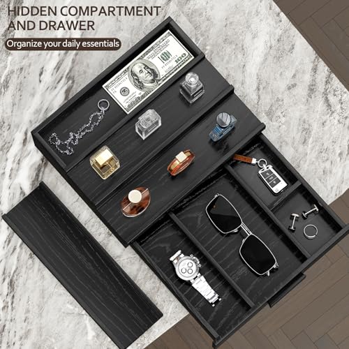 Walnut Cologne Organizer for Men,3 Tier Cologne Stand,Wooden Cologne Holder Display Shelf with Drawer Storage and Hidden Compartment,Perfume Stand Organizer,Gift for Men Dad Husband,Black